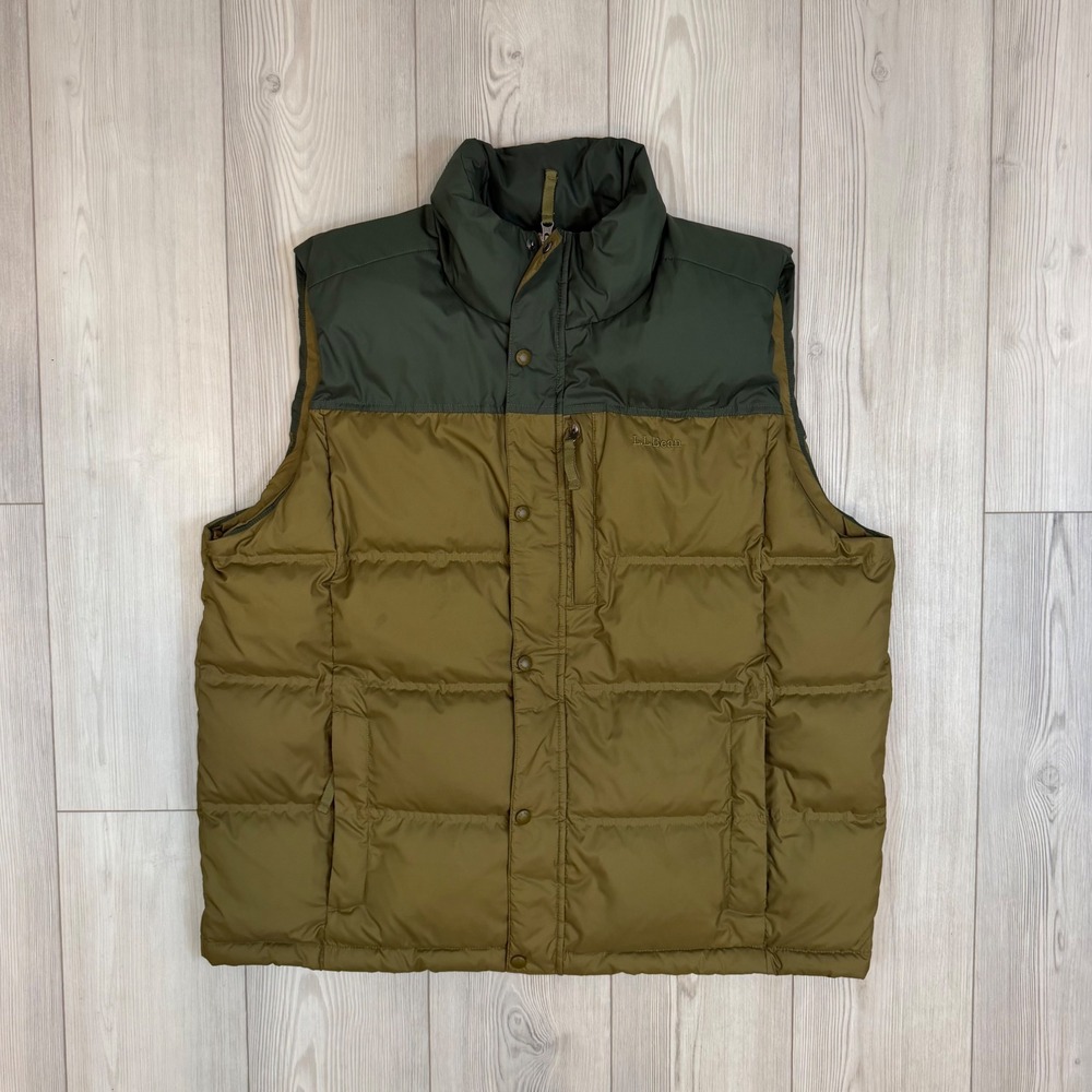 LL Bean Mens Down Puffer Vest XXL Tall Olive Green Quilted Full Zip 295954